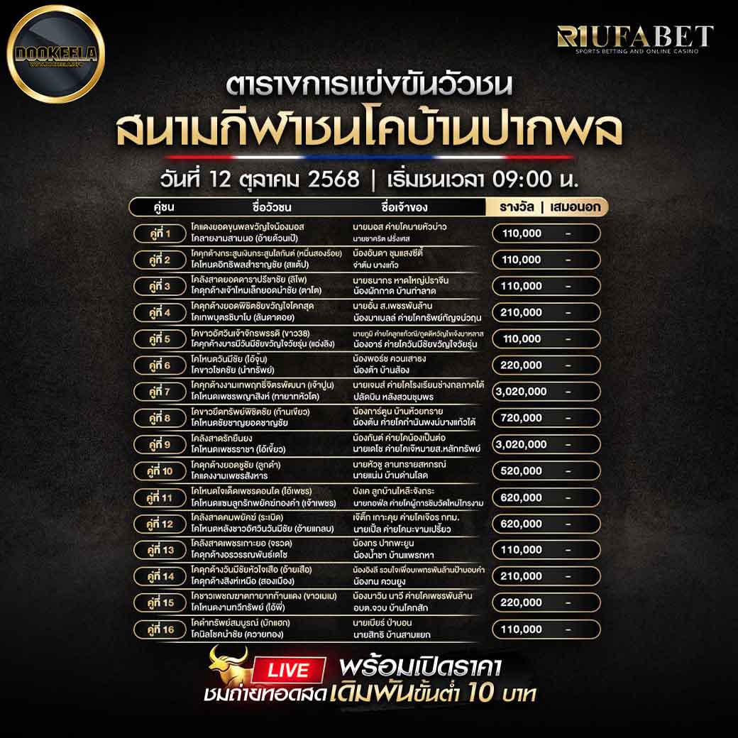 ตารางแข่งขันวัวชน-วันที่-12-10-2568-โปรแกรม-สนามชนโคบ้านปากพล