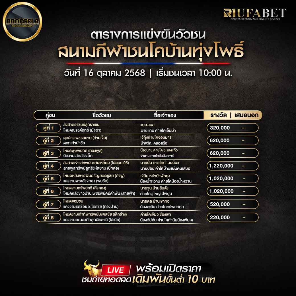 ตารางแข่งขันวัวชน-วันที่-16-10-2568-โปรแกรม-สนามชนโคบ้านทุ่งโพธิ์