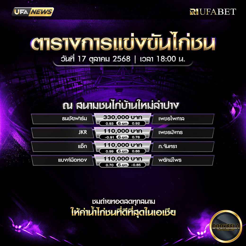 ตารางไก่ชน-วันที่-17-10-2568-โปรแกรม-สนามชนไก่บ้านใหม่ลำปาง
